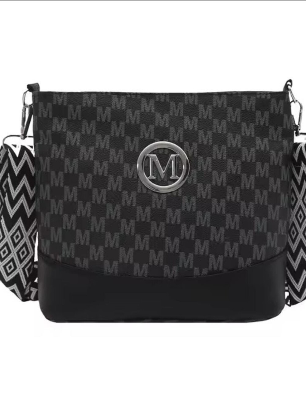 onogram Black Crossbody Bag with Patterned Strap